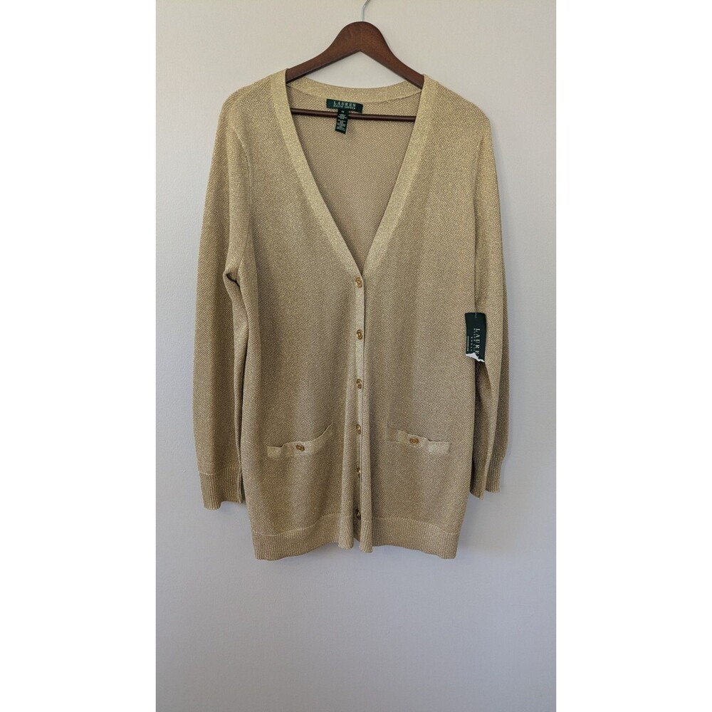 Lauren Ralph Lauren Womens Long Cardigan 1X Silk Metallic Gold Dressy Casual NWT